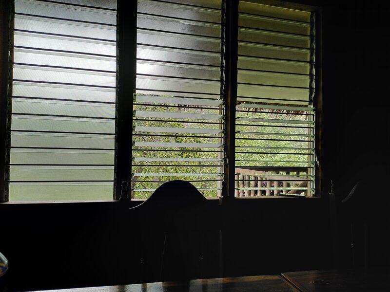 View from a room with half-lowered shutters and trees in the background